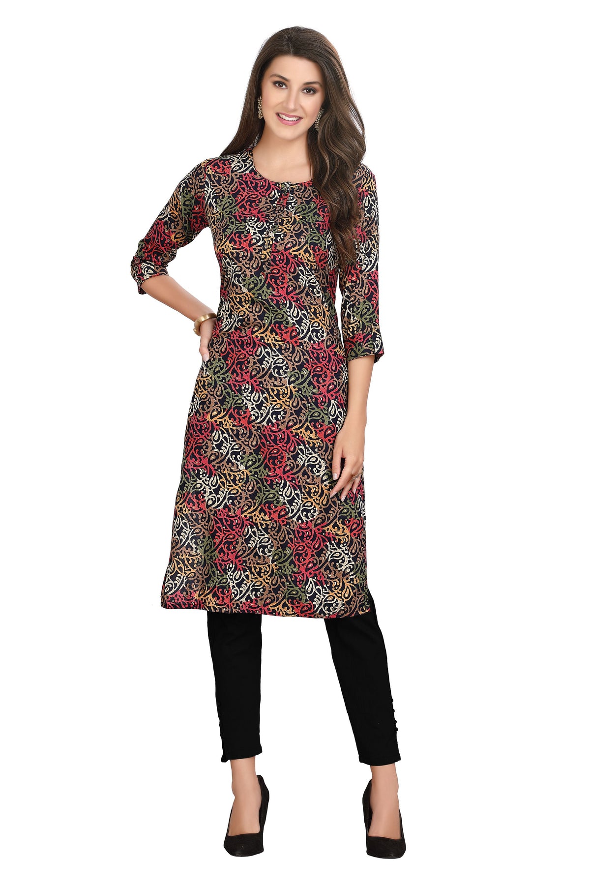 Black Straight Cut Cotton Kurti for Women: with Multi-Colour Batik Print