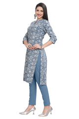 Blue Cotton Knee Length Floral Print Kurti for women