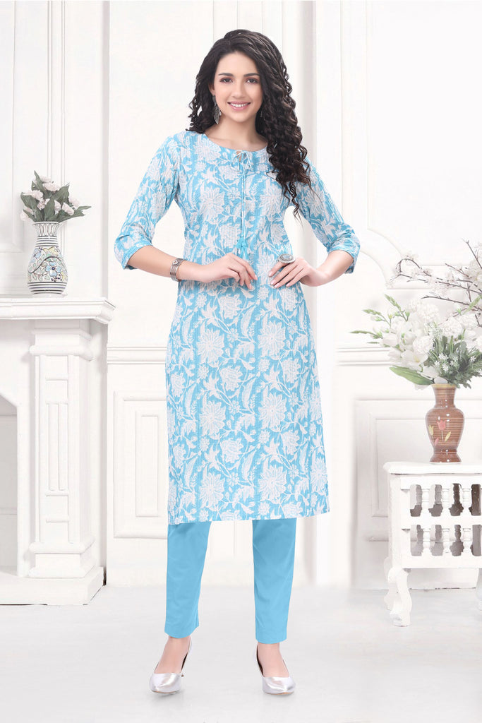 Blue Cotton Kurti with White Floral Print and Pintuck Design