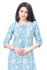 Blue Cotton Kurti with White Floral Print and Pintuck Design