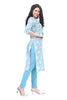 Blue Cotton Kurti with White Floral Print and Pintuck Design