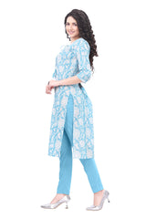 Blue Cotton Kurti with White Floral Print and Pintuck Design