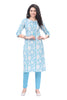 Blue Cotton Kurti with White Floral Print and Pintuck Design