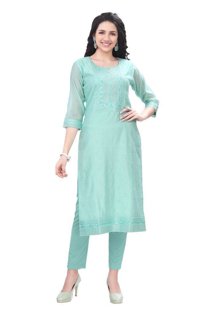 Blue Embroidered work Kurti for women with V-cut round neck