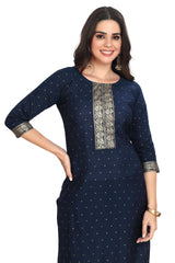 Blue Foil Print Silk Kurta Set with Contrast Dupatta and straight pant