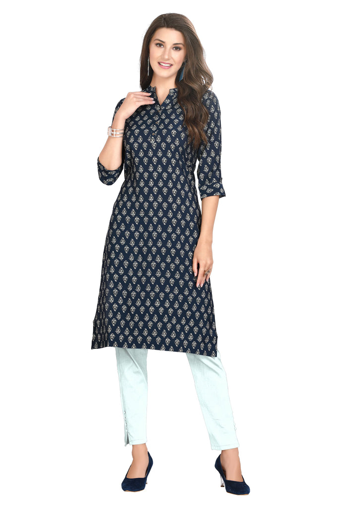 Blue Printed Straight Cut Muslin Knee Length Kurti with Mandarin Collar and buttons