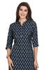 Blue Printed Straight Cut Muslin Knee Length Kurti with Mandarin Collar and buttons