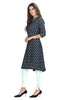 Blue Printed Straight Cut Muslin Knee Length Kurti with Mandarin Collar and buttons