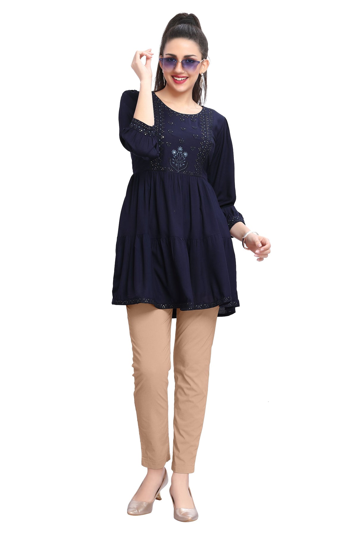 Frock style short Kurti with Embroidered Yoke