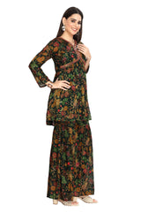 Bottle Green Floral Print Embroidered Alia Cut Kurta Set with Gharara Pant