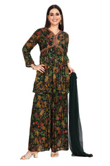 Bottle Green Floral Print Embroidered Alia Cut Kurta Set with Gharara Pant