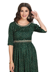 Bottle Green Frock Style Muslin Silk Kurti with Bandhani Print & Zardozi Work