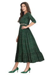 Bottle Green Frock Style Muslin Silk Kurti with Bandhani Print & Zardozi Work