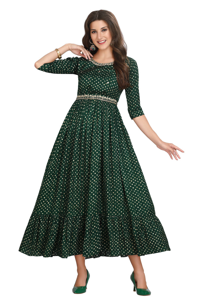 Bottle Green Frock Style Muslin Silk Kurti with Bandhani Print & Zardozi Work