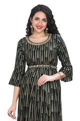 Bottle Green Rayon Frock Style Kurti with Foil Highlights and Designer Sleeves