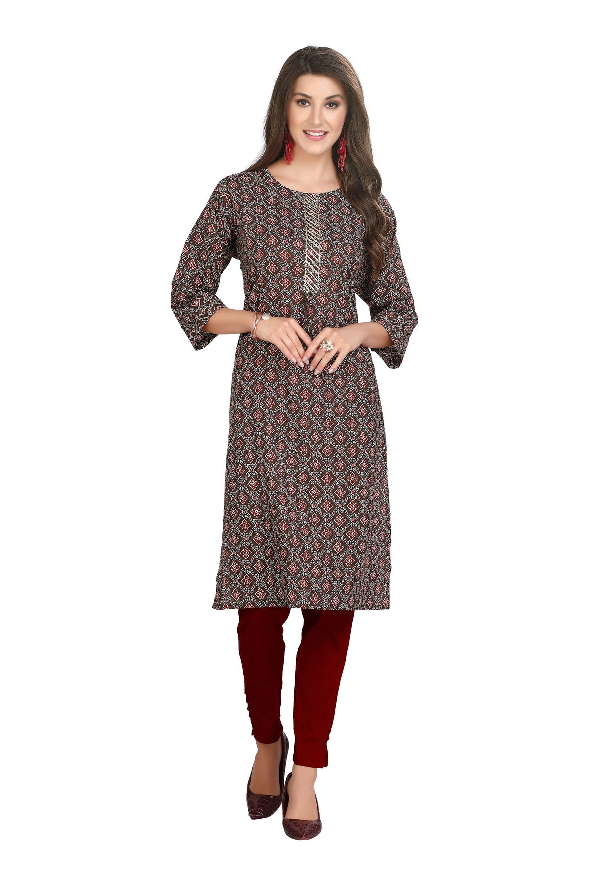 Brown Cotton Straight Cut Knee Length Kurti with Ajrak Block Print