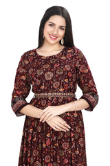 Brown Full Length Floral Print Frock Style Kurti