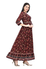 Brown Full Length Floral Print Frock Style Kurti