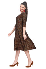 Brown Modal Princess cut A-Line Kurti with Ajrak Print and Foil Highlights