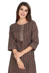 Brown Cotton Straight Cut Kurti for Women with Ajrak Block Print