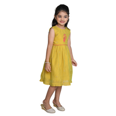 Chanderi Cotton Dress for Girls Frock Lemon Green