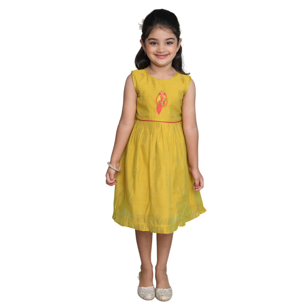 Chanderi Cotton Dress for Girls Frock Lemon Green