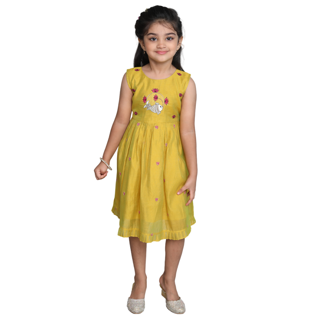 Chanderi Cotton Dress for Girls Frock Mustard Yellow