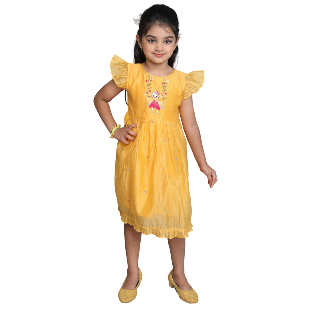 Chanderi Cotton Dress for Girls Frock Style Golden Yellow