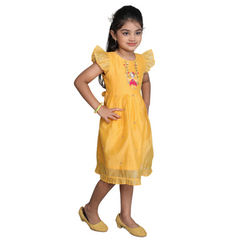 Chanderi Cotton Dress for Girls Frock Style Golden Yellow