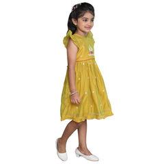 Chanderi Cotton Dress for Girls Frock Style Mustard Yellow