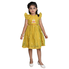 Chanderi Cotton Dress for Girls Frock Style Mustard Yellow