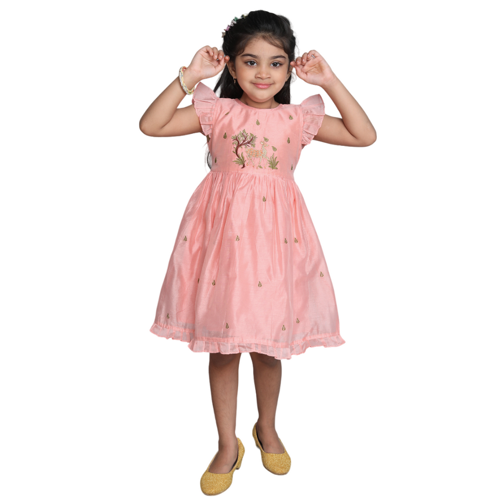 Chanderi Cotton Dress for Girls Frock Style Peach