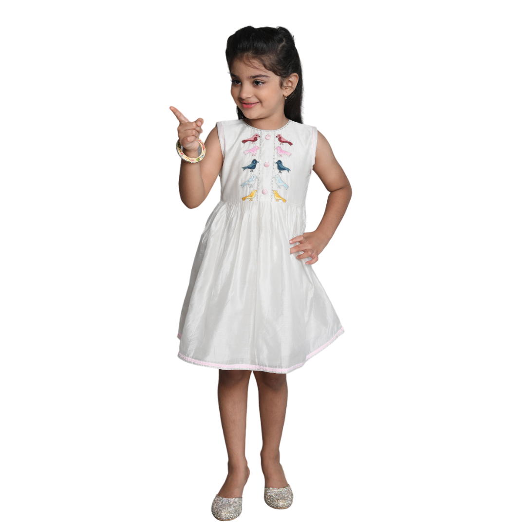 Chanderi Cotton Dress for Girls Frock White