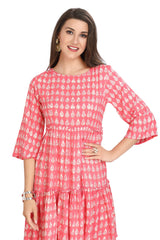 Coral Pink Frock Style Cotton Kurti with Designer Sleeves