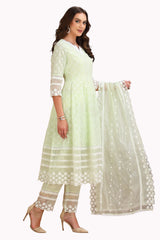 Cotton Chikankari Frock Style Kurta Set with Designer Pant and Dupatta Green