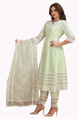 Cotton Chikankari Frock Style Kurta Set with Designer Pant and Dupatta Green