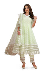 Cotton Chikankari Frock Style Kurta Set with Designer Pant and Dupatta Green