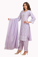 Cotton Chikankari Straight Cut Kurta Set with Pant and Dupatta