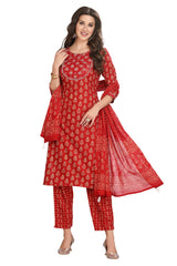 Cotton Kurta Set with Jaipuri Buti Print and Embroidery.