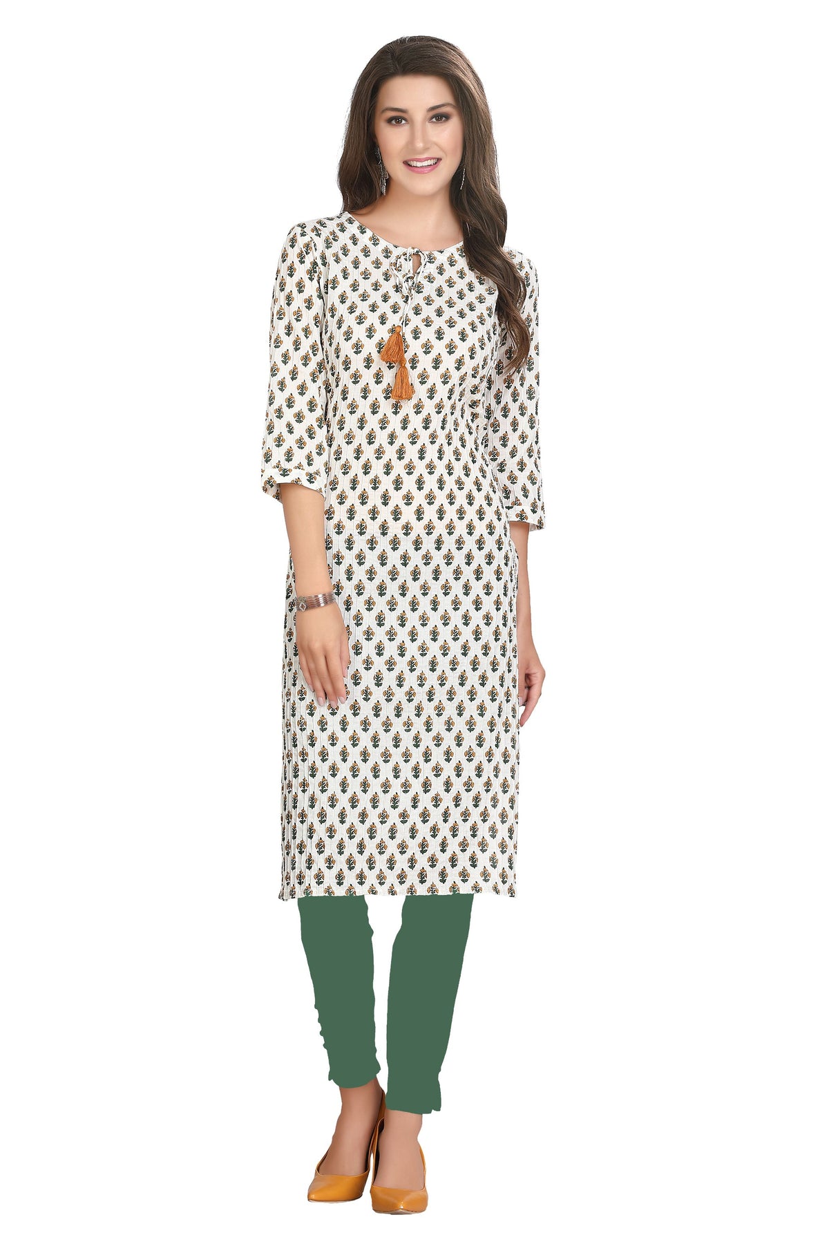 Cream Cotton Knee Length Straight Cut Kurti With Round Neck and 3/4th Sleeves for Women