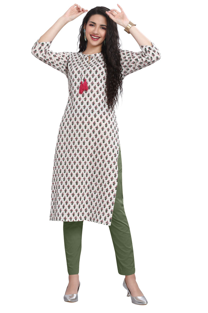 Cream Cotton Knee Length Straight Cut Kurti With Round Neck for Women