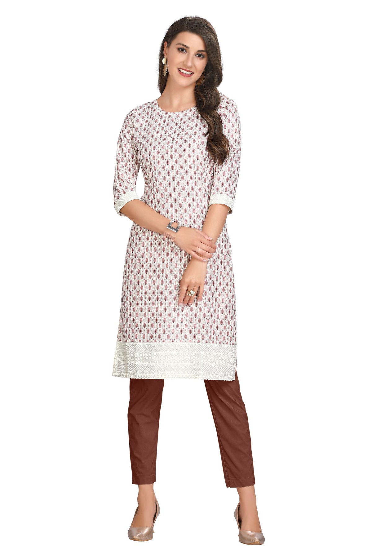 Cream Cotton Kurti with Lucknowi Chikankari and ButiPrint