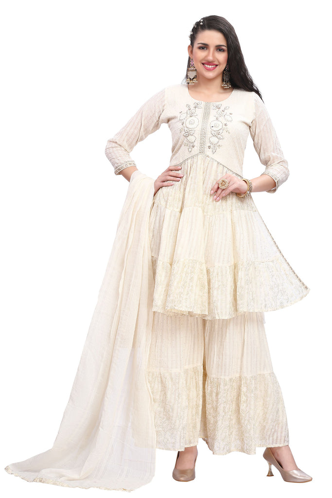 Cream Cotton Nyra Cut Kurta Set with Gharara Pant