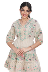 Cream Cotton Short Kurti with Designer Neck