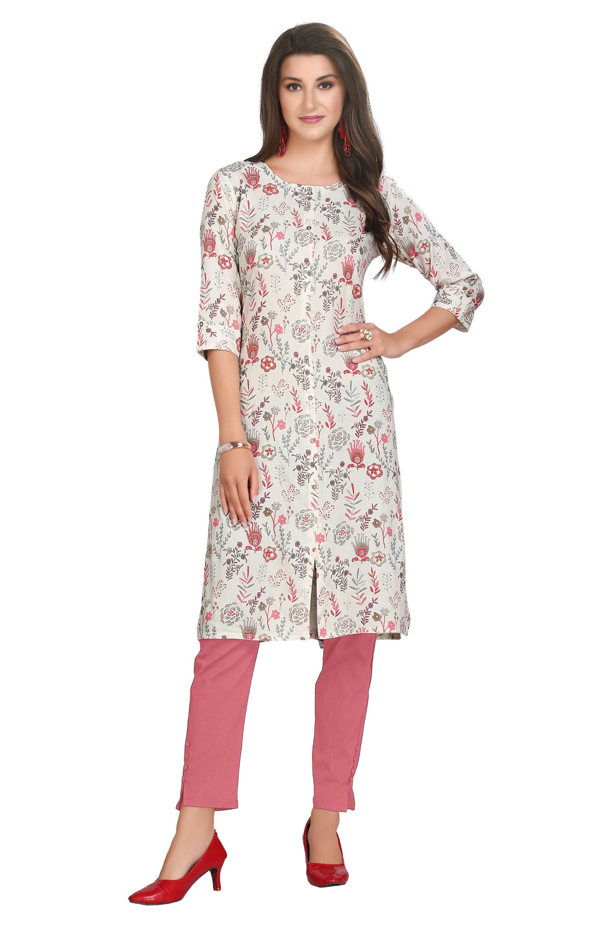 Cream Floral Printed Cotton Knee Length Straight Cut Kurti with Round Neck and Front Slit