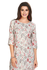 Cream Floral Printed Cotton Knee Length Straight Cut Kurti with Round Neck and Front Slit