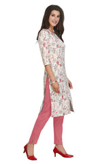 Cream Floral Printed Cotton Knee Length Straight Cut Kurti with Round Neck and Front Slit