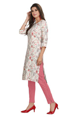 Cream Floral Printed Cotton Knee Length Straight Cut Kurti with Round Neck and Front Slit