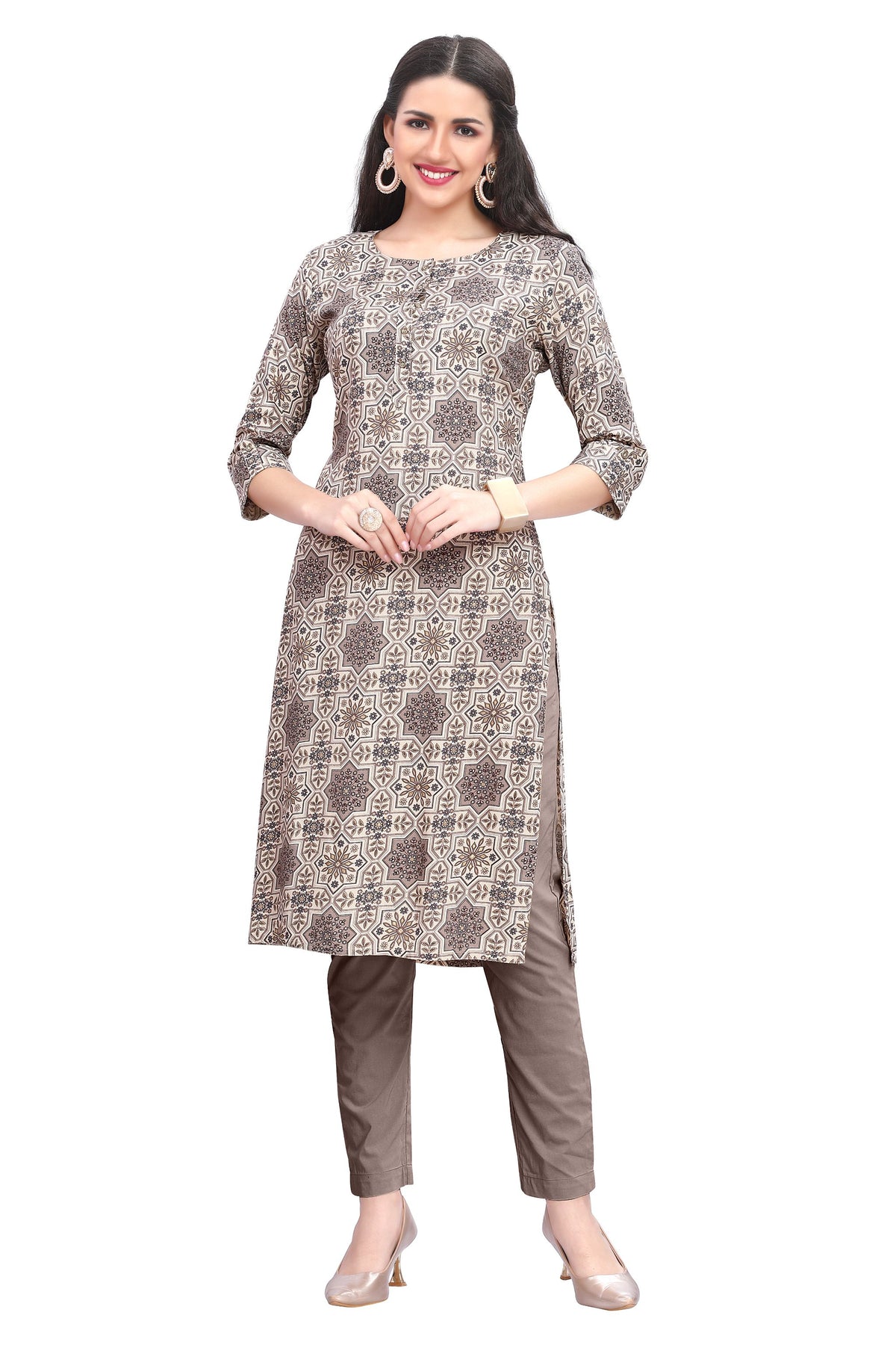 Cream Rayon Kurti with Mughlai Floral Print and Foil Highlights