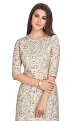 Cream Silk Kurti for Women: Straight Cut with Batik Print & Sequin Embroidery